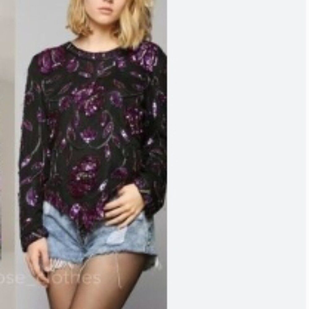 Vintage Lawrence Kazar Sequin Beaded Embellished Silk Blouse Purple in M